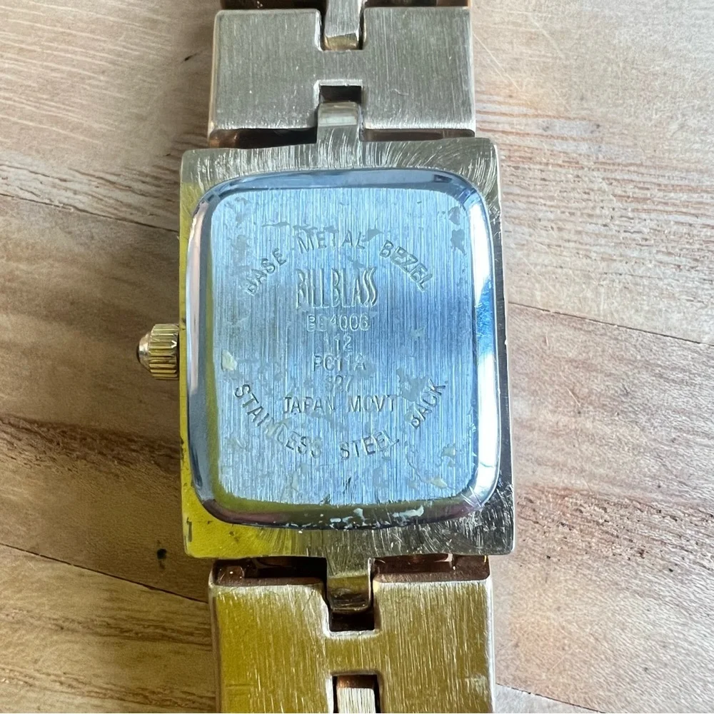 Bill Blass ladies rectangular gold tone Art Deco style dress Watch NEW BATTERY